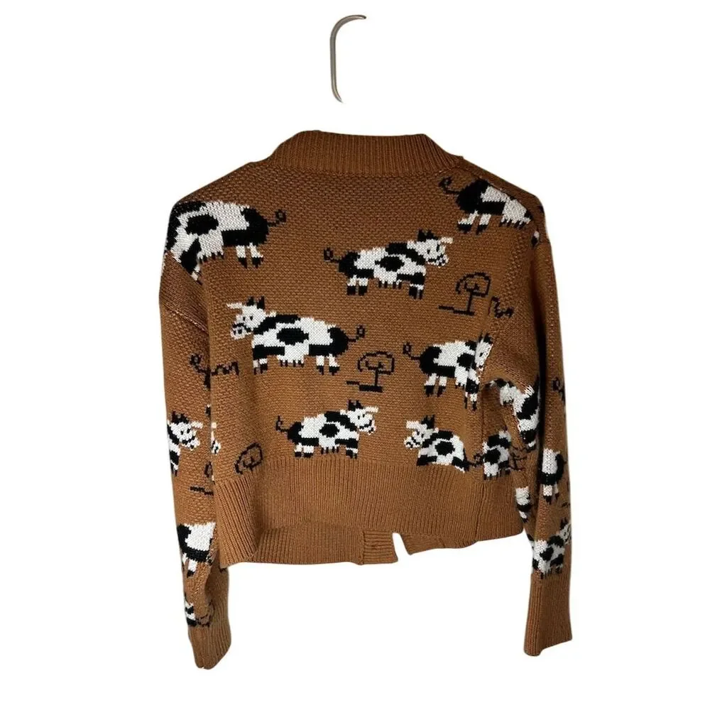 ROMWE Women's Kawaii Cow Print Button Front Cardigan Brown Size M - Picture 2 of 8